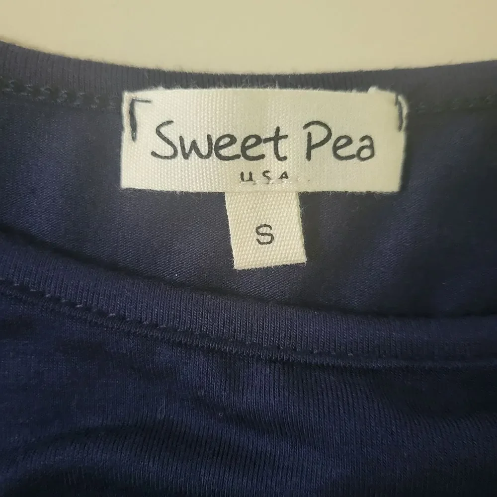 Sweet Pea Navy Jersey Knit Dress Ruched Waist Midi Length